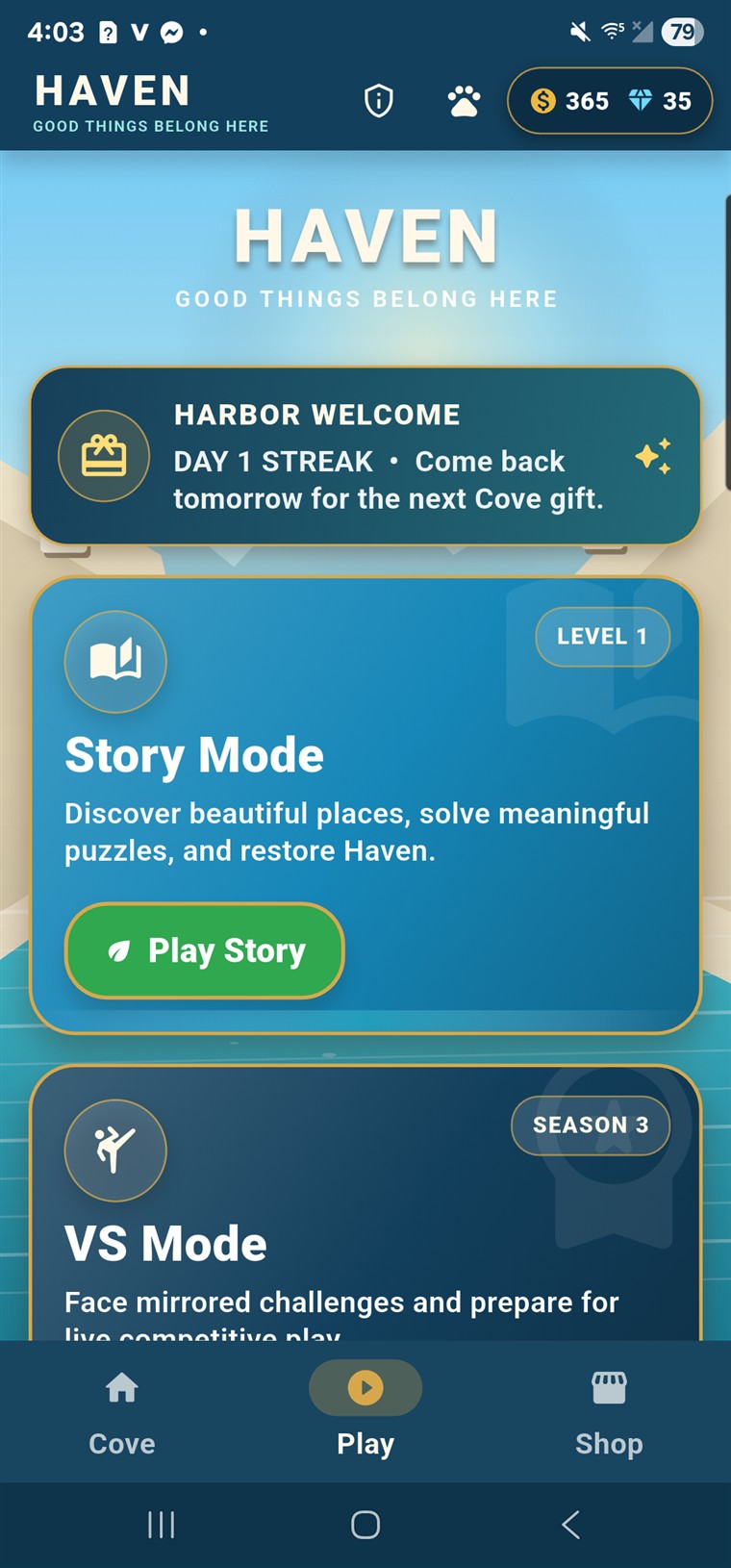 Haven story mode selection screen